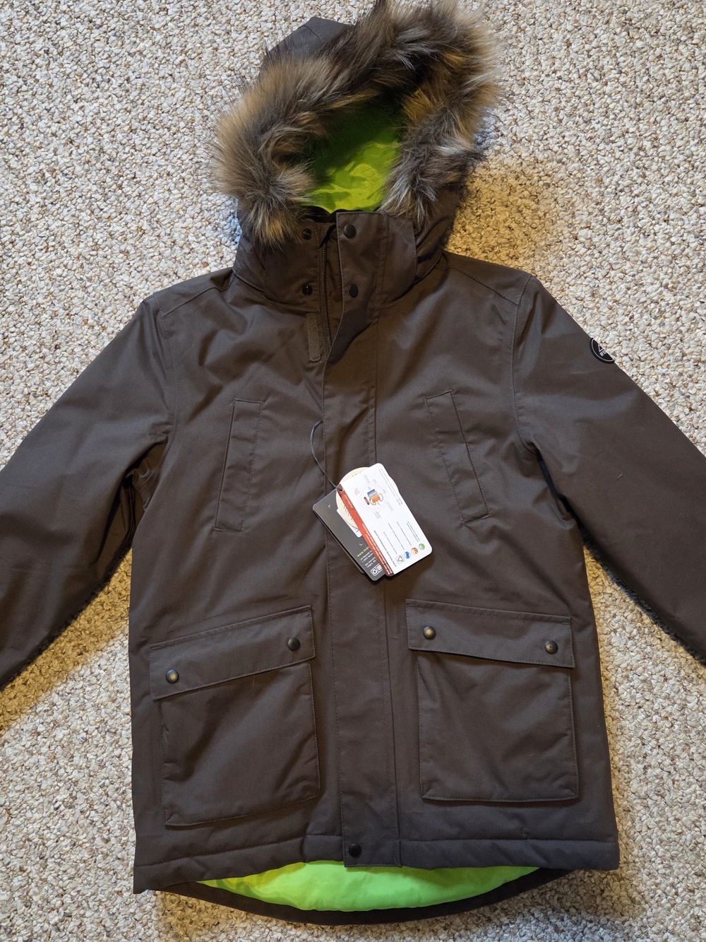 Kids Brown Winter Jacket with Faux Fur Hood